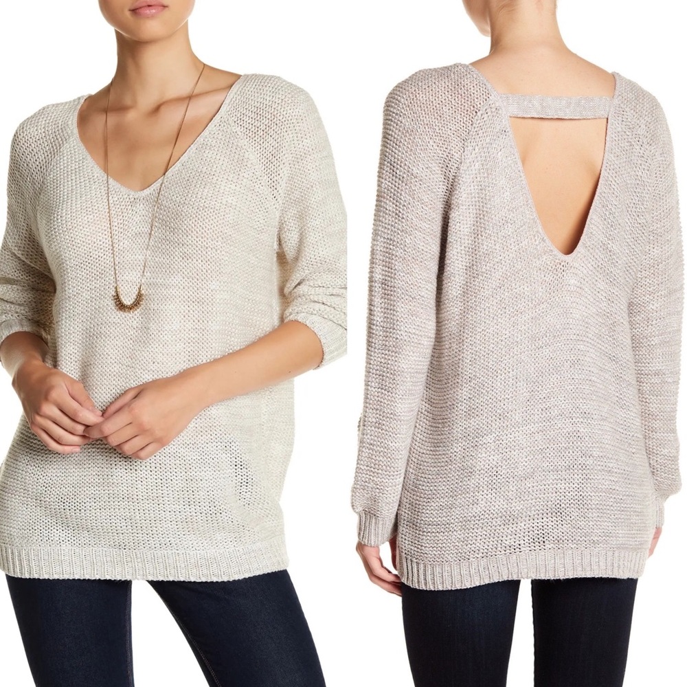 Susina Deep V-Neck Strap Open Back Lightweight Marled Knit Sweater NWT